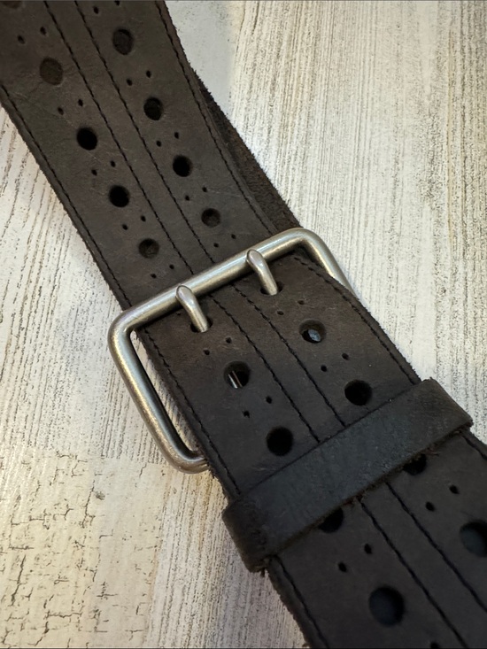 Vintage Accessories - Vintage Leather Gray Two Hole Silvertone Double Prong Buckle Sizable Belt L 41”